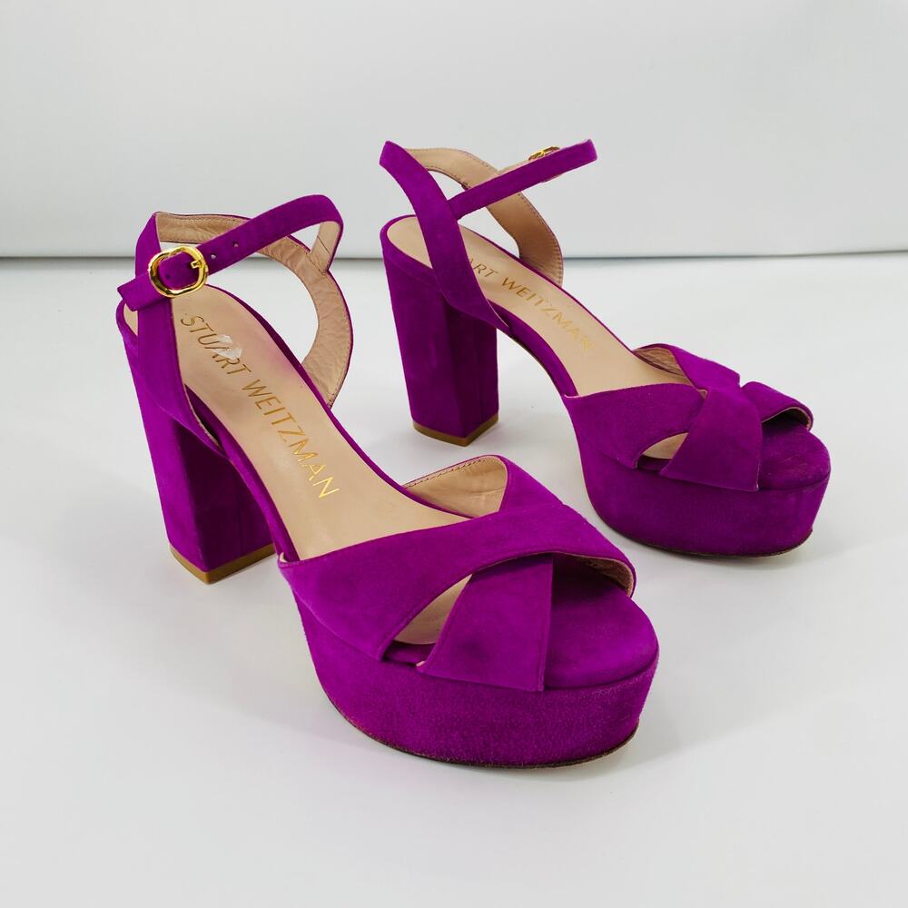 Stuart Weitzman Ivona Suede Fuchsia Block Platform Heels